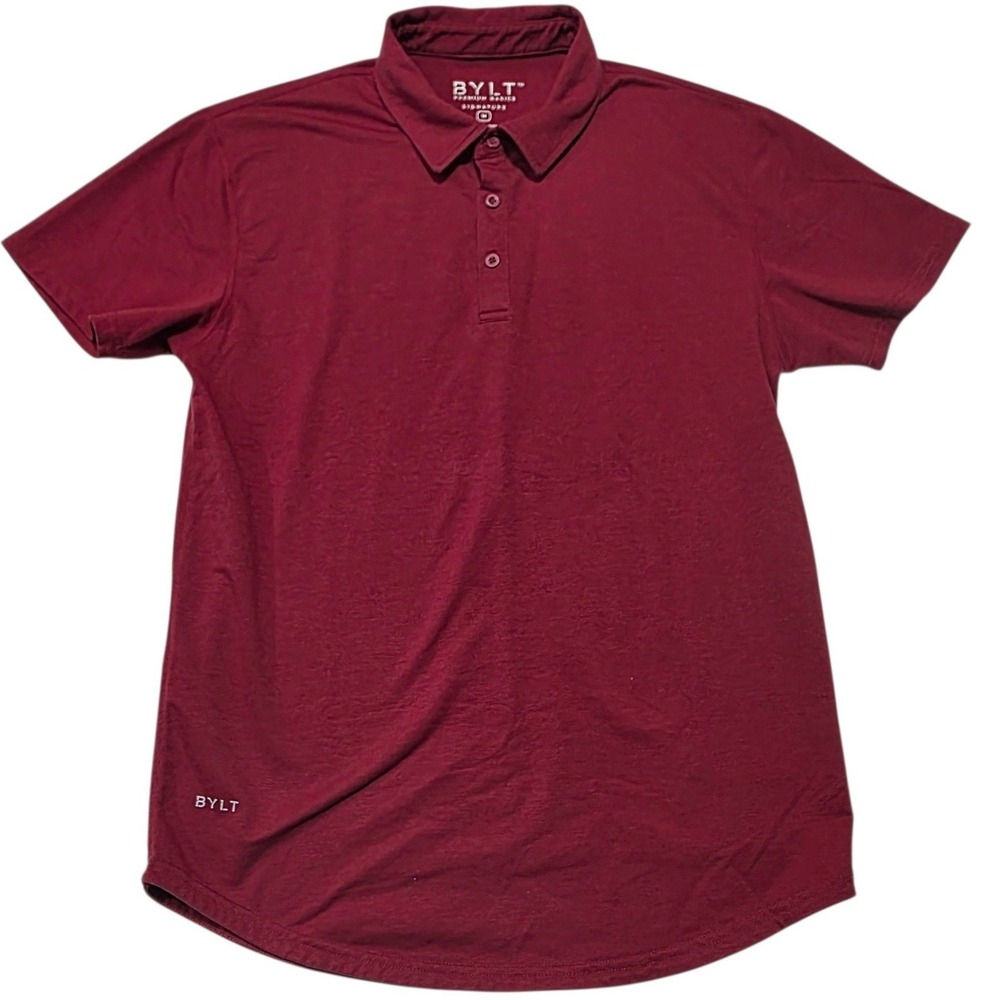 BYLT Signature Polo Shirt Mens Medium Maroon Polyester Cotton Spandex Drop Hem
